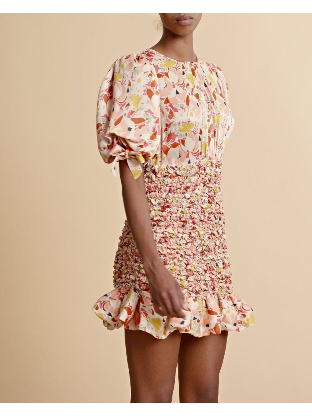 🆕 By TiMo Shirred Smocked Ruffle Crepe Satin Mini Dress Floral Medium - Picture 9 of 16